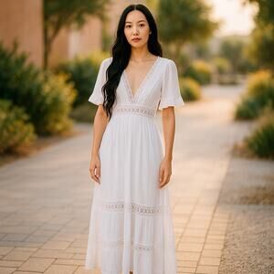 WISHLIST APPAREL White Crochet V Neck Front Open Back  Bohemian Maxi Dress Sz L